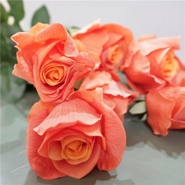 Sei rose arancioni semiaperte su una superficie grigia ravvicinata.